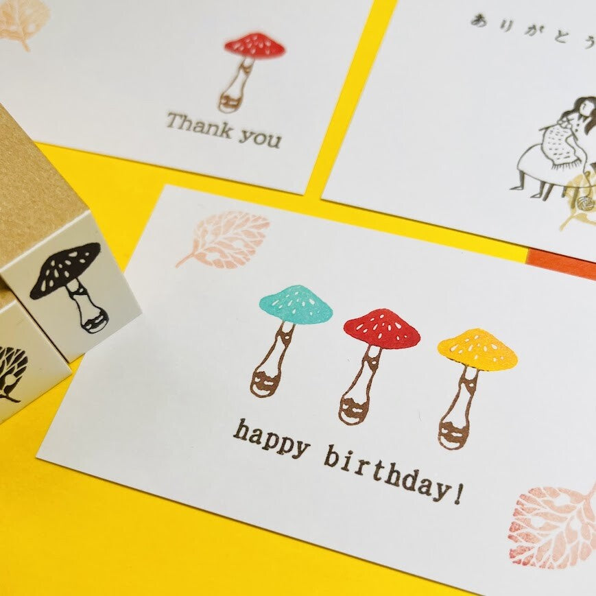 【Stamp House Morita Inbou】Wood Rubber Stamp- Mushrooms and Fallen Leaves
