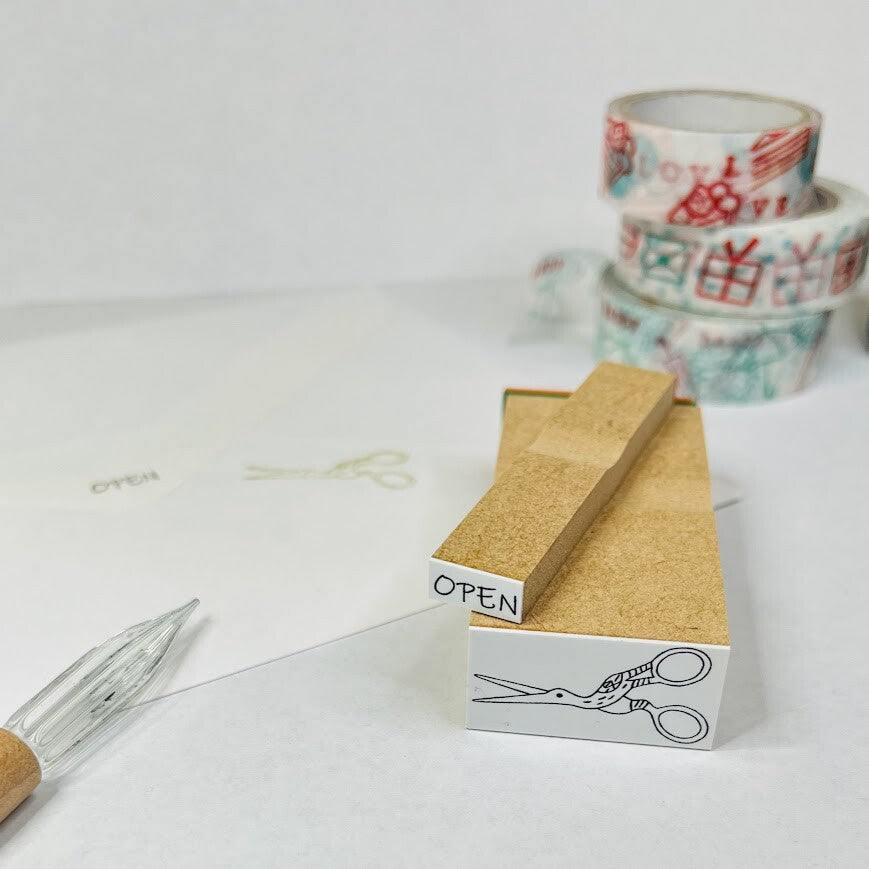 【Stamp House Morita Inbou】Wood Rubber Stamp- Scissors & Open