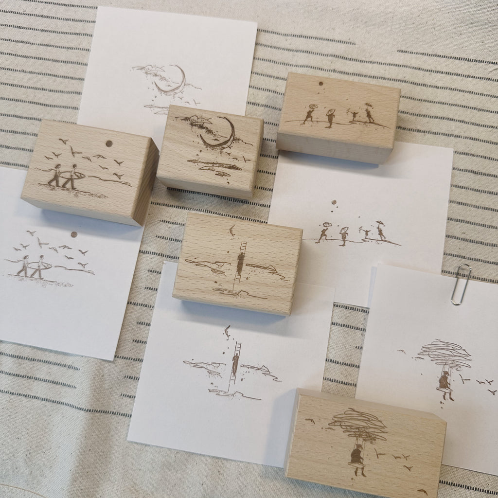 [Two raccoons] Hand-drawn Wooden Stamp - "Time" Series