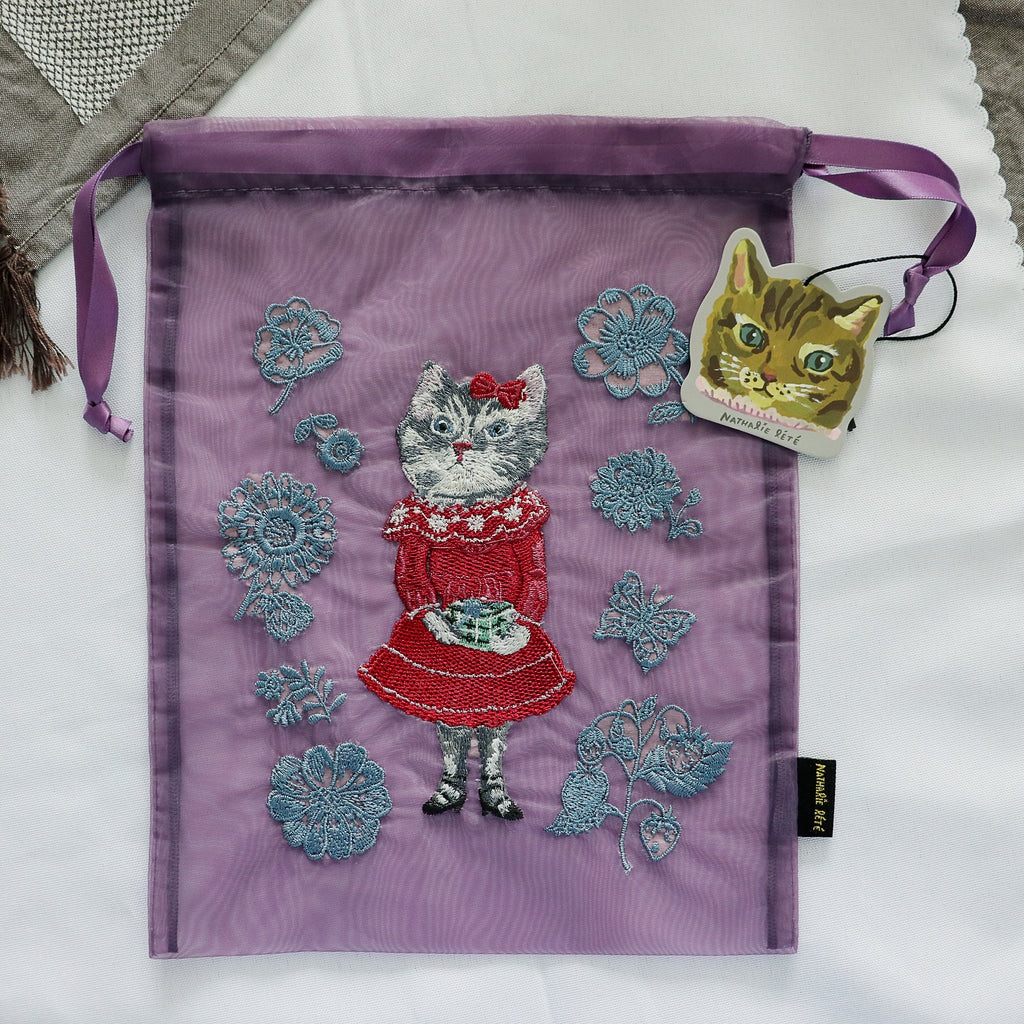 【Nathalie Lethe】Organdy Drawstring Pouch - Gray Cat