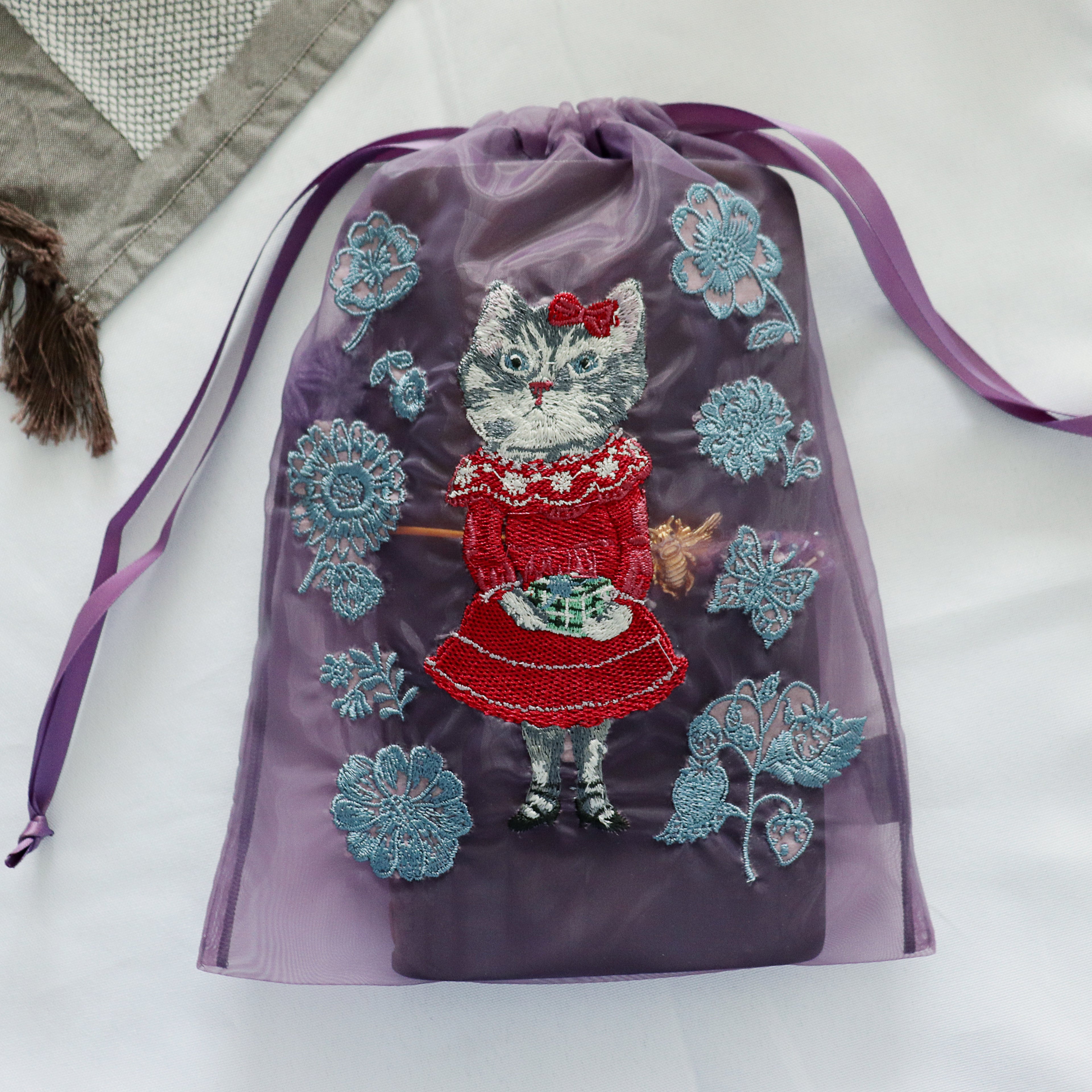 【Nathalie Lethe】Organdy Drawstring Pouch - Gray Cat