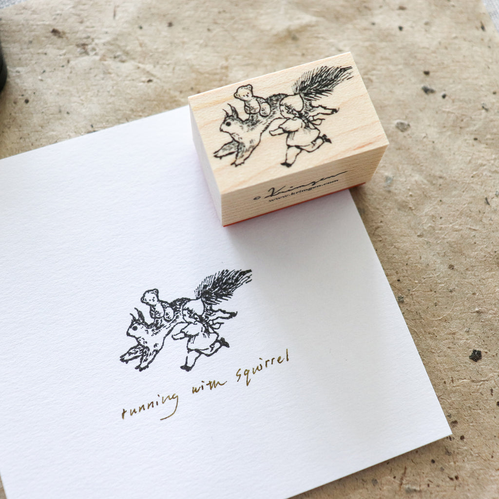 Krimgen -Wood Rubber Stamp -Running with Squirrel