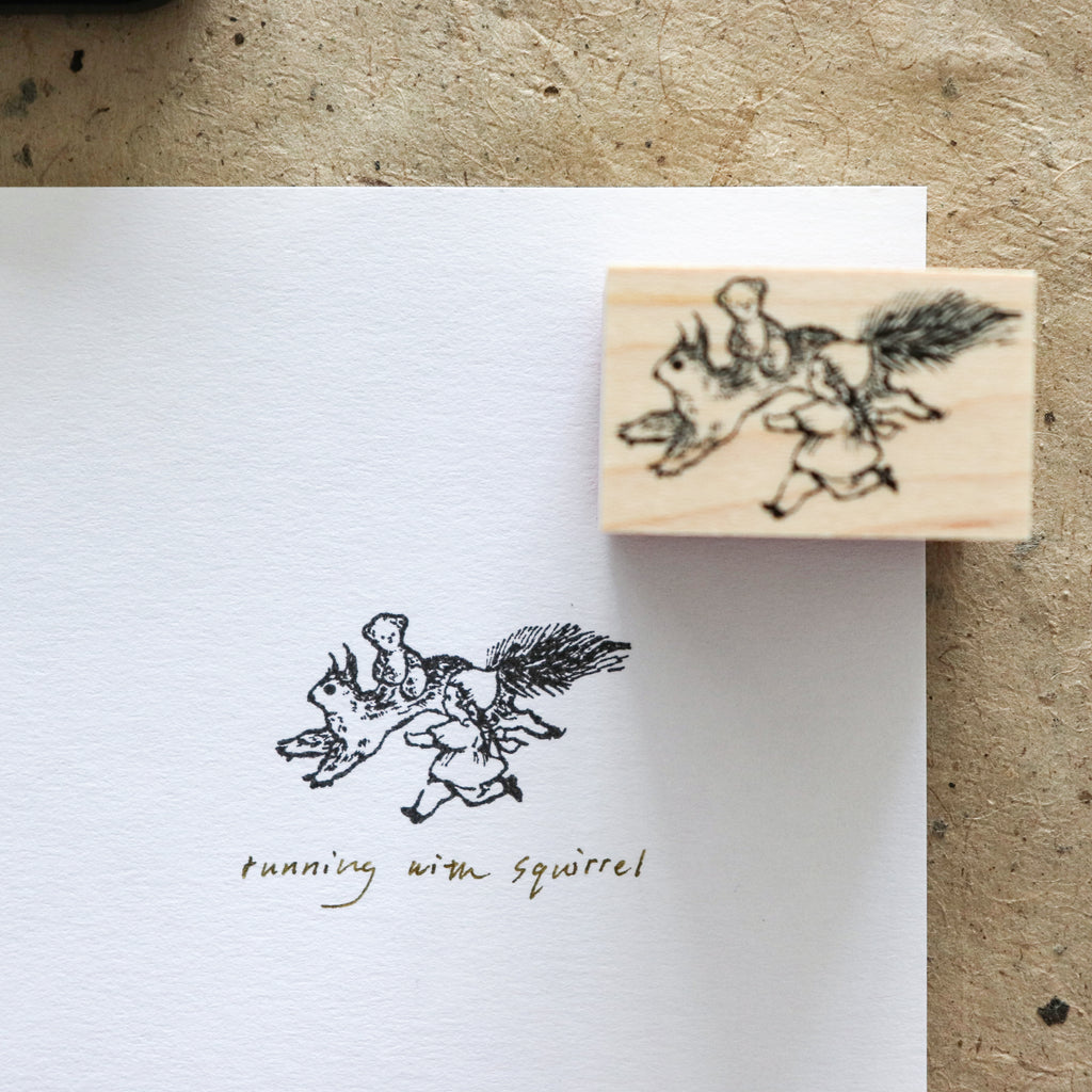 Krimgen -Wood Rubber Stamp -Running with Squirrel