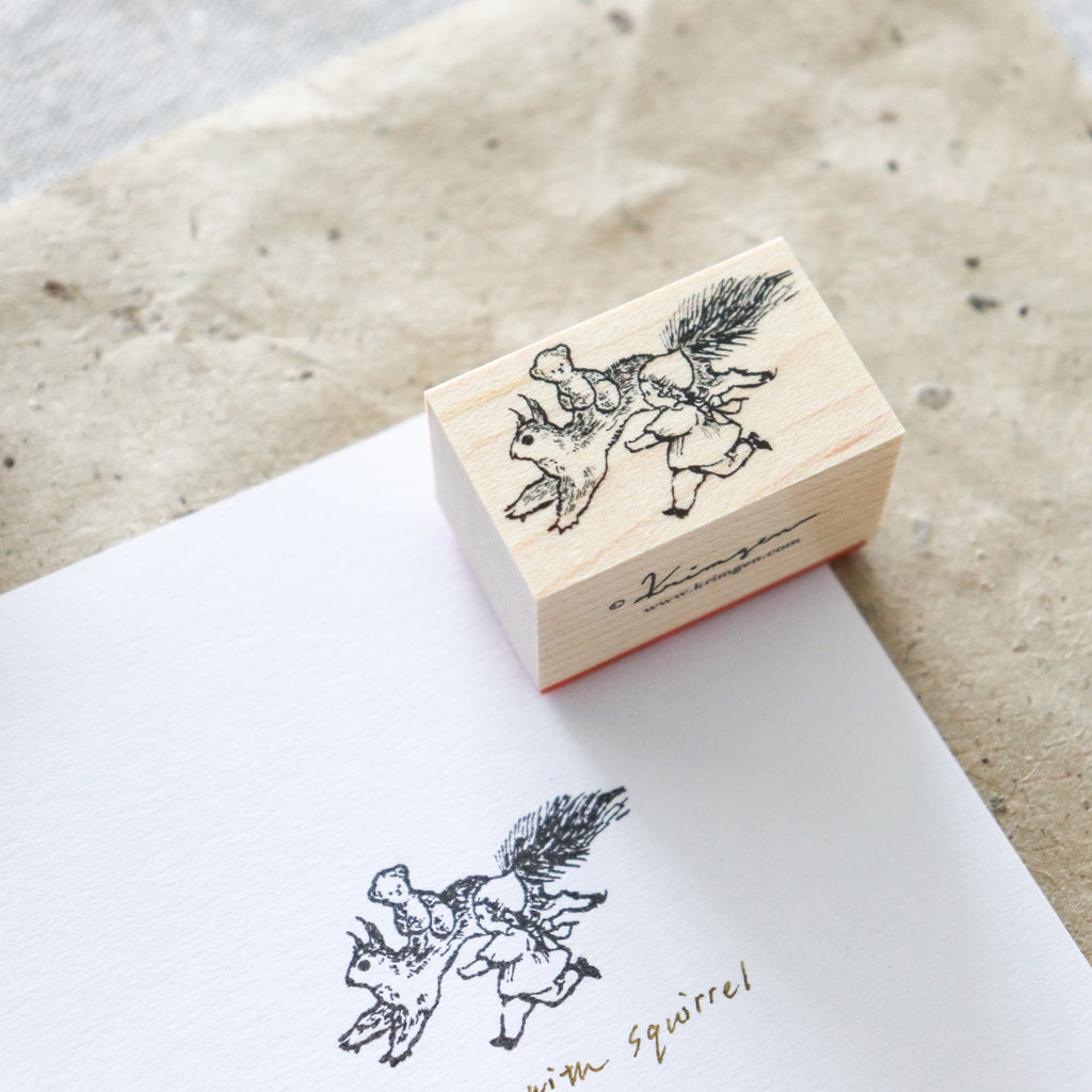 Krimgen -Wood Rubber Stamp -Running with Squirrel