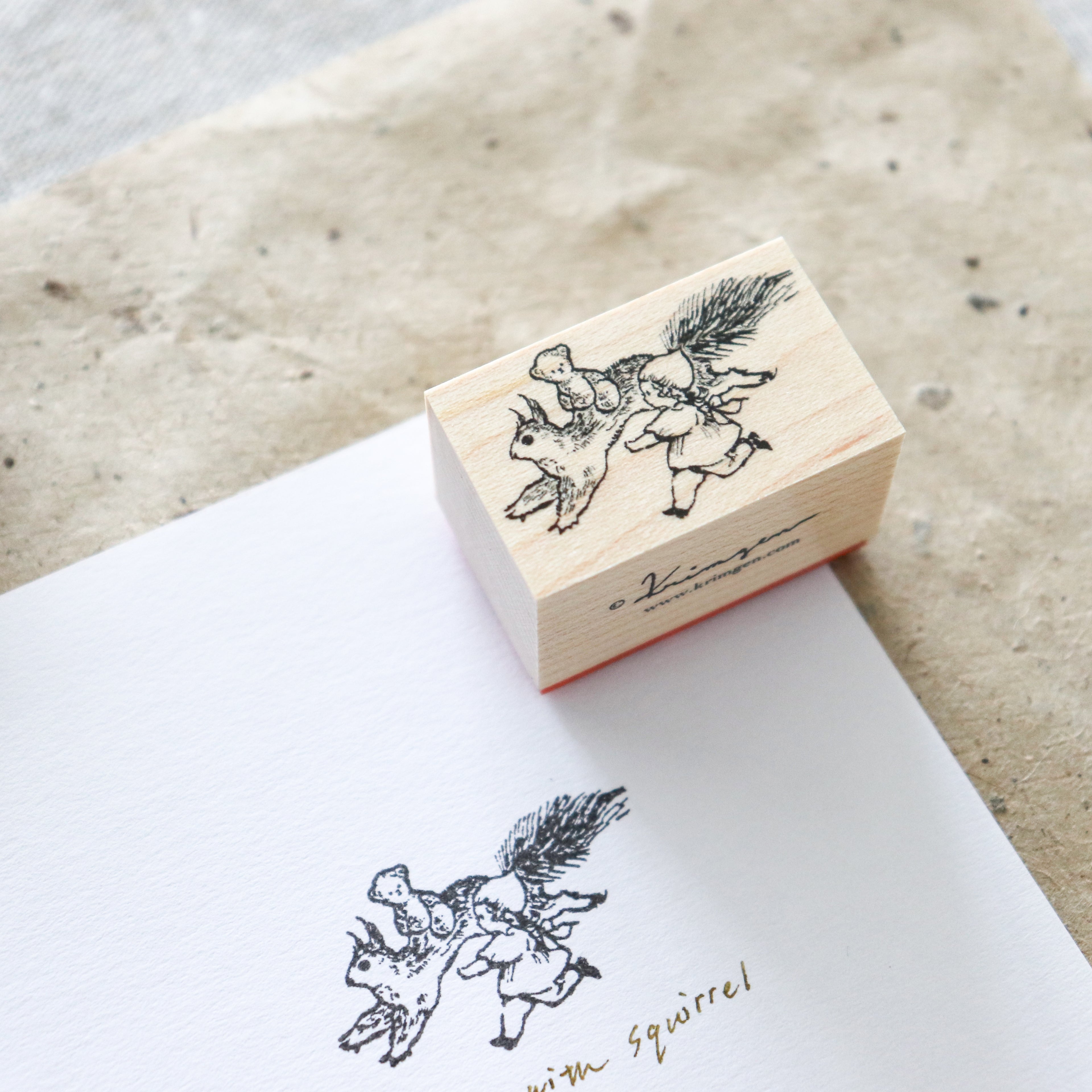 Krimgen -Wood Rubber Stamp -Running with Squirrel