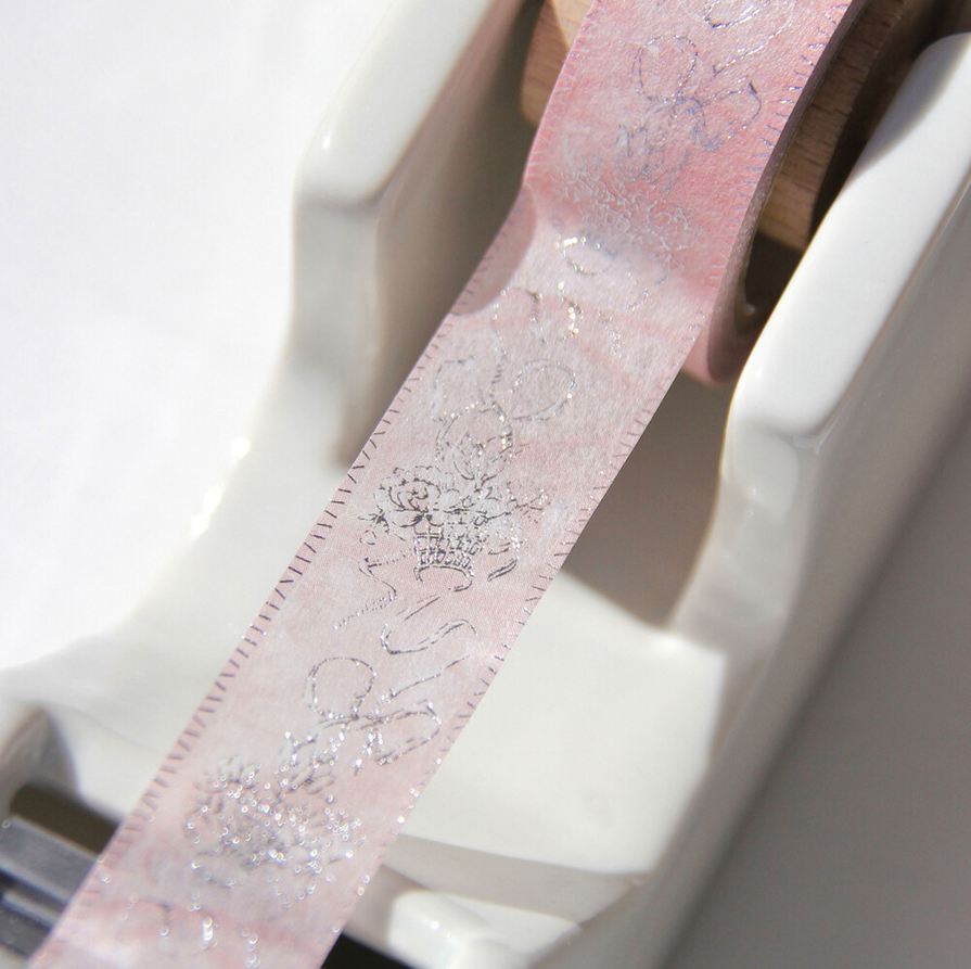 [BOKI]Washi Tape- Satin Ribbon Silver Foil - Blush Basket