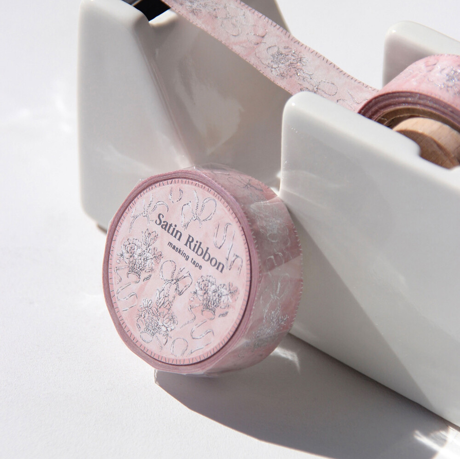 [BOKI]Washi Tape- Satin Ribbon Silver Foil - Blush Basket